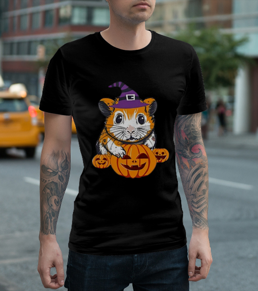 NW2 Halloween Guinea Pig Witch Hat Pumpkin Jack-o'-Lanterns T-Shirt