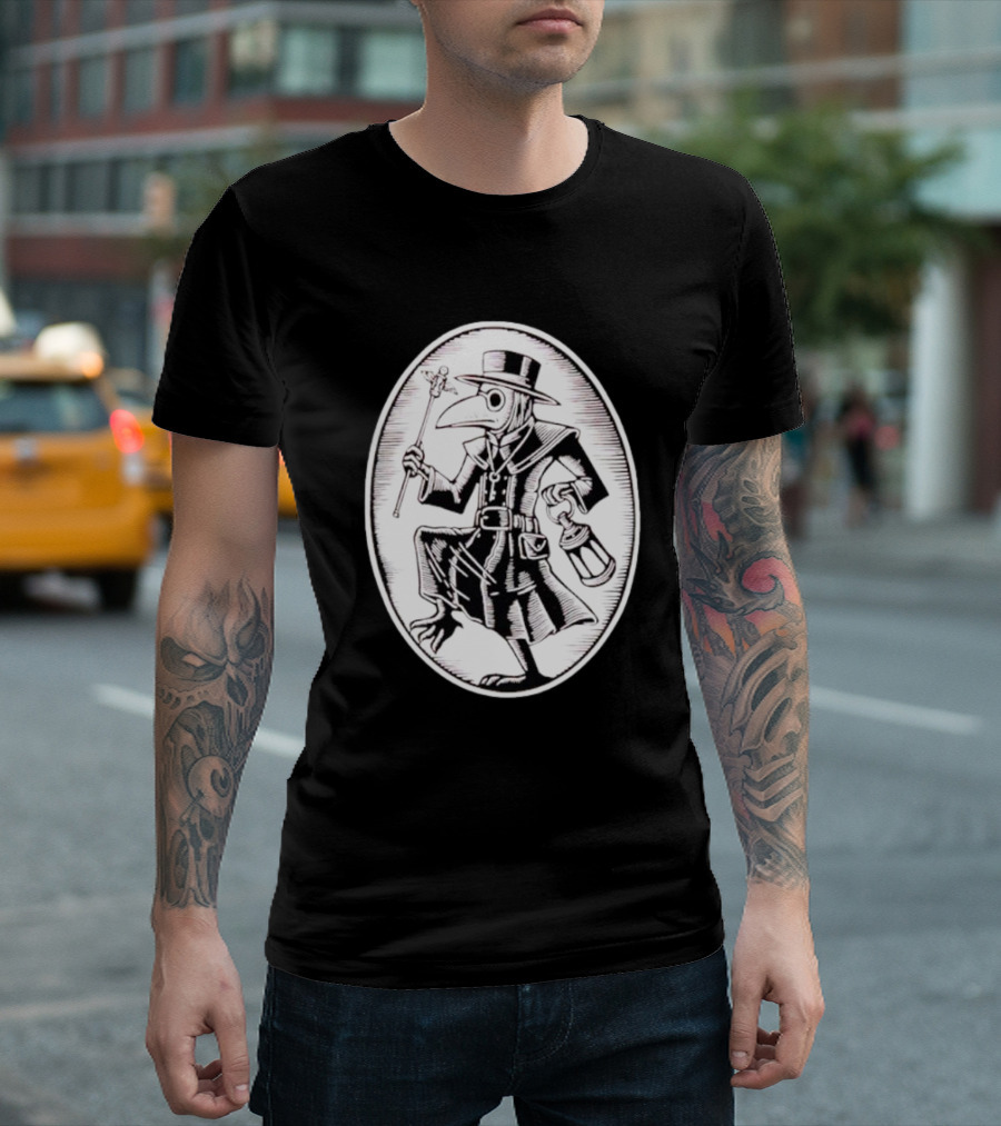 Plague Doctor in Oval Frame with Lantern and Staff T-Shirt