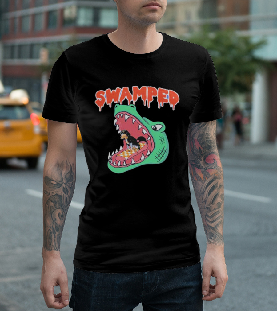Swamped Alligator Cartoon with Small Dog in Mouth T-Shirt