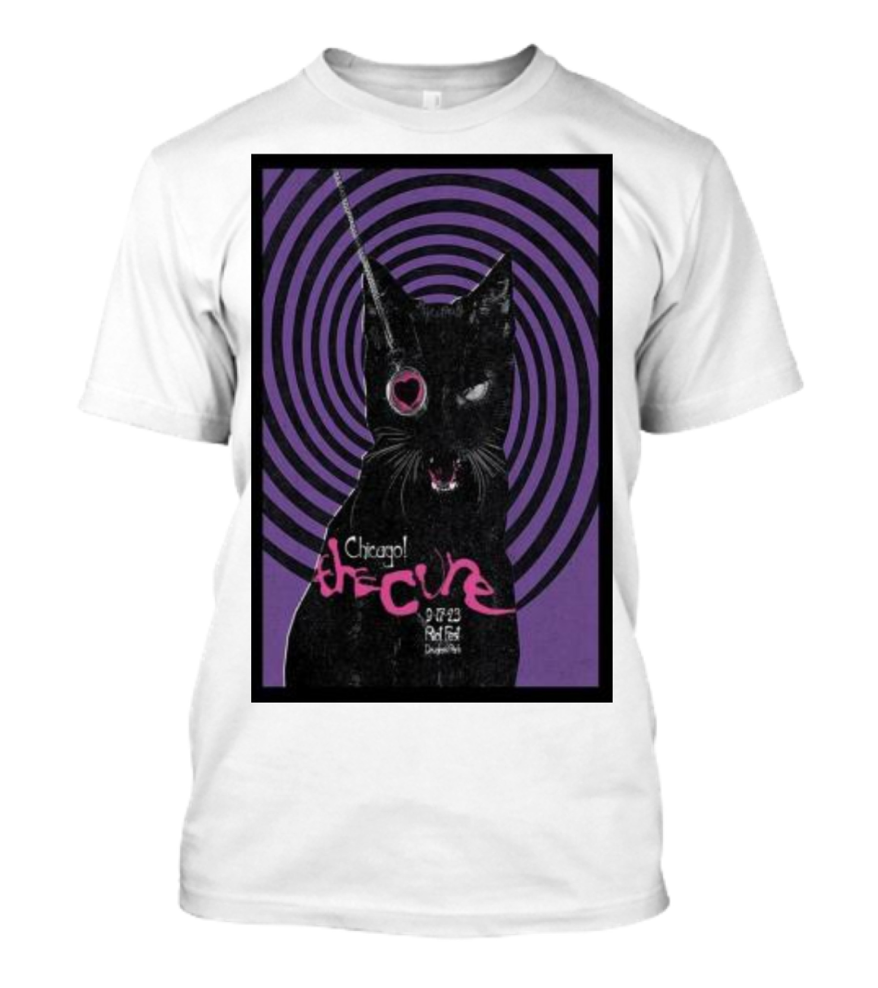 Chicago The Cure 9.22.23 Riot Fest Douglass Park Cat With Spiral Background T-Shirt