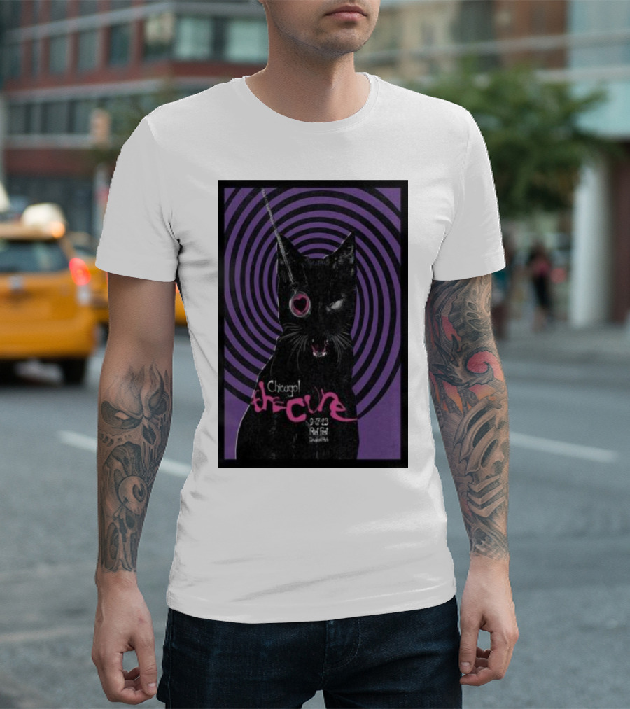 Chicago The Cure 9.22.23 Riot Fest Douglass Park Cat With Spiral Background T-Shirt