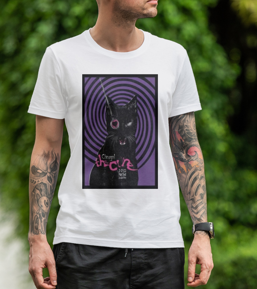 Chicago The Cure 9.22.23 Riot Fest Douglass Park Cat With Spiral Background T-Shirt