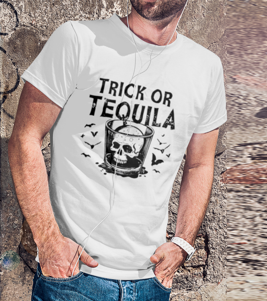 Trick Or Tequila Skull Glass With Bats T-Shirt