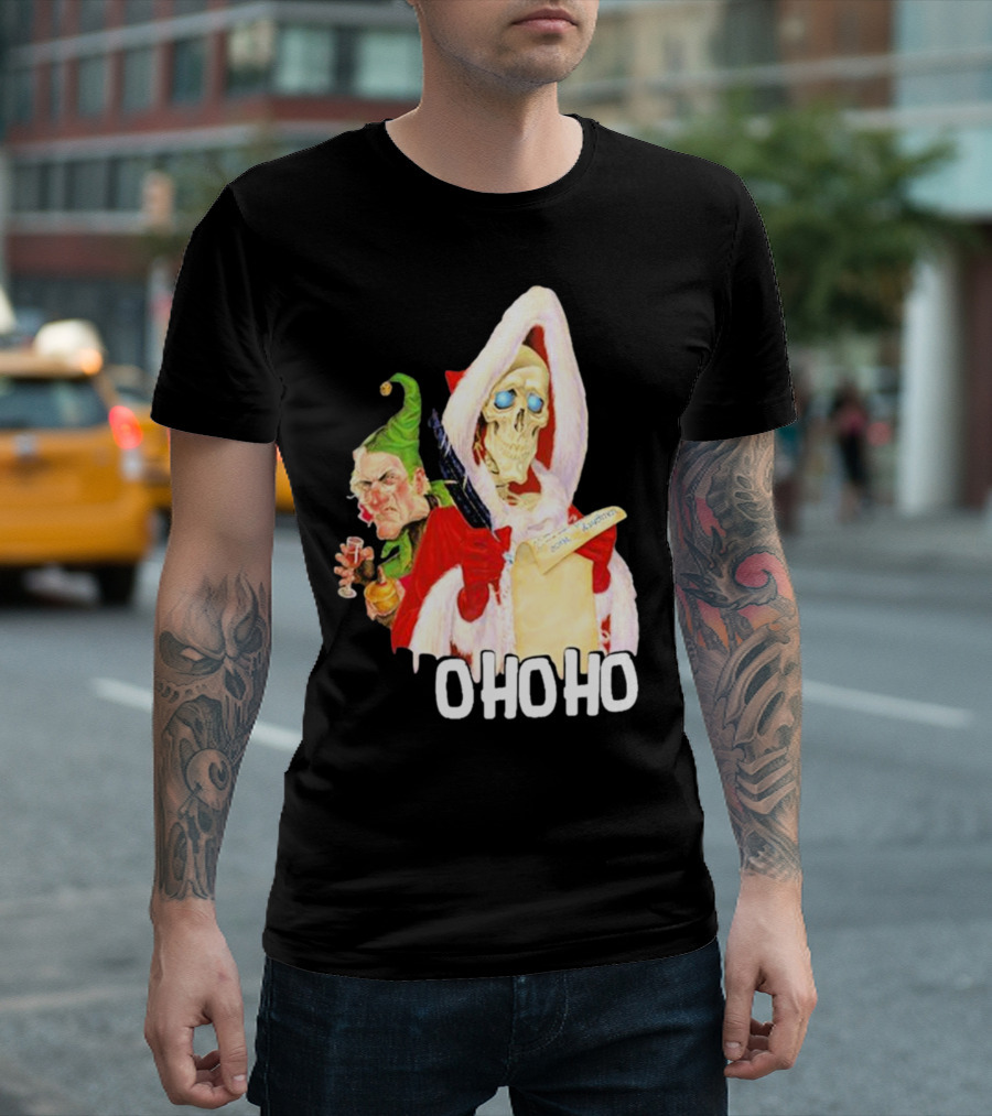 Death With Albert Skeleton Santa and Grumpy Elf Ho Ho Ho T-Shirt