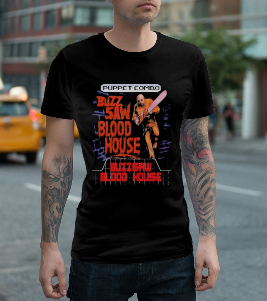 Puppet Combo Buzz Saw Blood House Horror Gamer T-Shirt