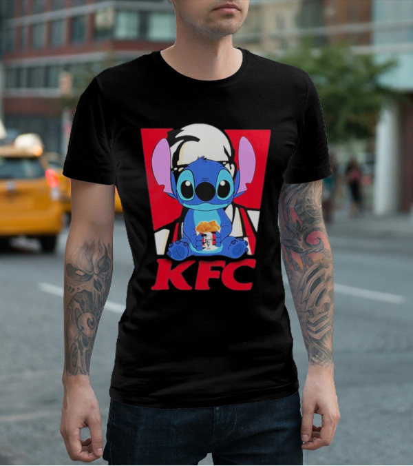 Stitch Eating KFC With Logo Background T-Shirt