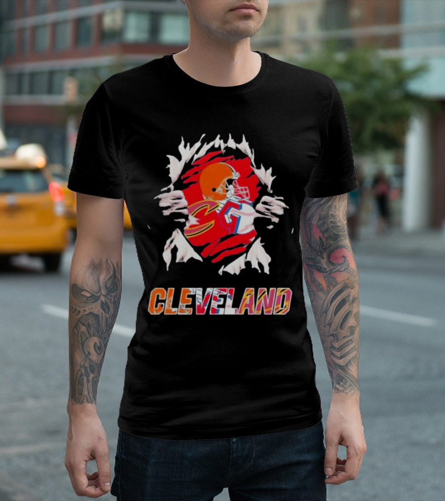 Cleveland Football Helmet and Jersey Inside Torn T-Shirt