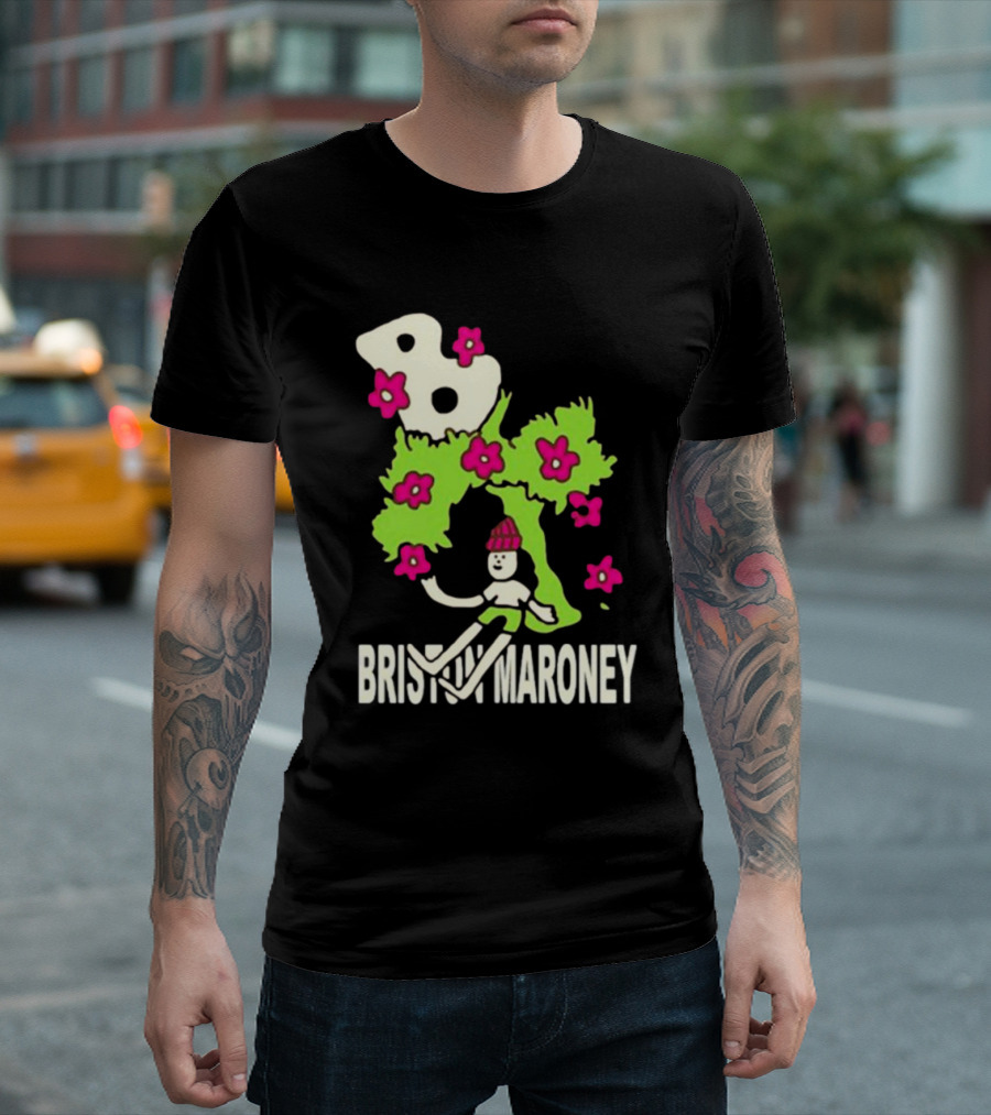 Briston Maroney Cartoon Character With Green Planet And Pink Flowers T-Shirt