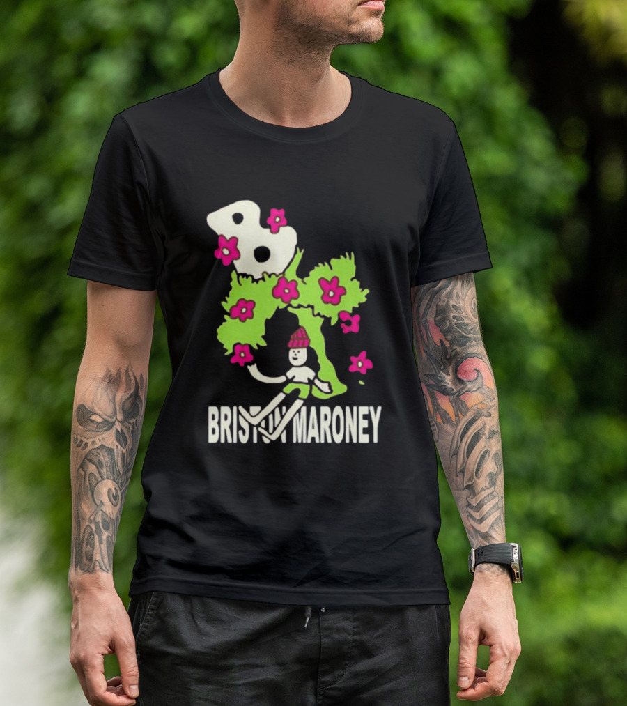 Briston Maroney Cartoon Character With Green Planet And Pink Flowers T-Shirt