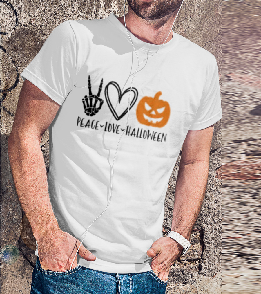 Peace Love Halloween Skeleton Hand Heart Pumpkin T-Shirt