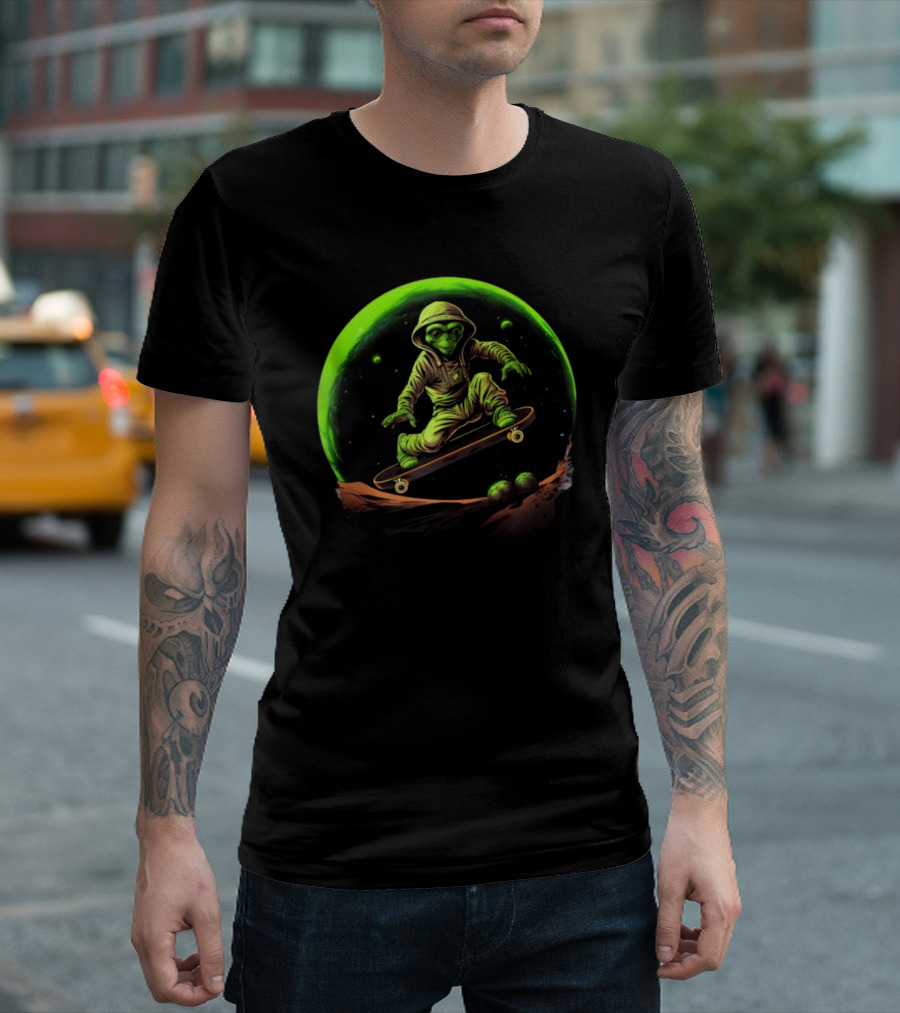 Skateboarding Alien On Saturn's Ring In Outer Space Adventure T-Shirt