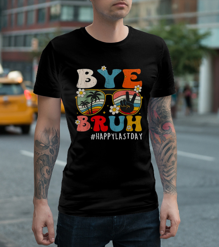 Bye Bruh Palm Tree Peace Sign Sunglasses Retro Vibe T-Shirt