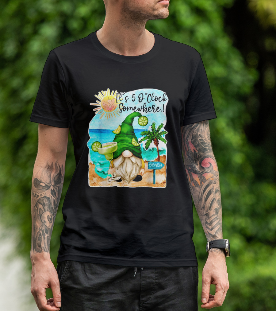 Margarita Gnome It's 5 O'Clock Somewhere Beach Palm Trees T-Shirt