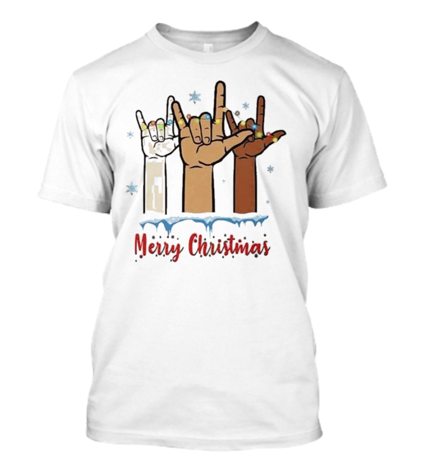 Merry Christmas Hand Sign Language Celebration With Lights And Snowflakes T-Shirt
