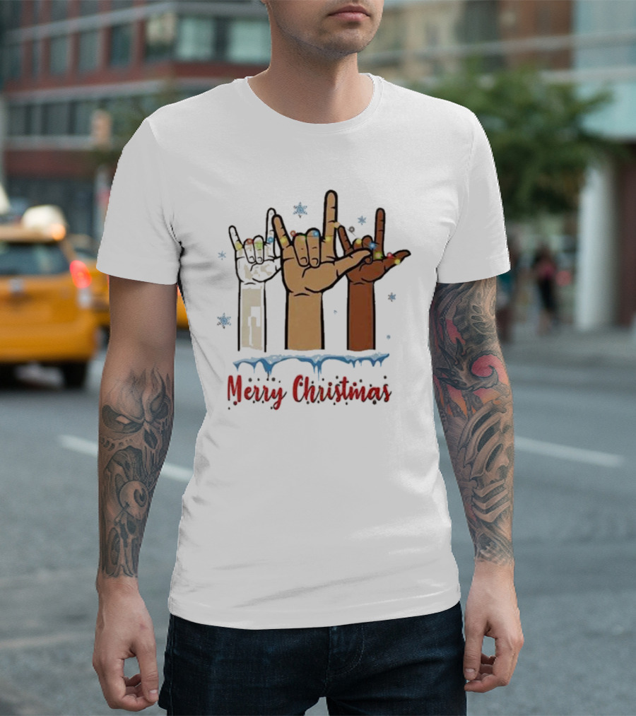 Merry Christmas Hand Sign Language Celebration With Lights And Snowflakes T-Shirt