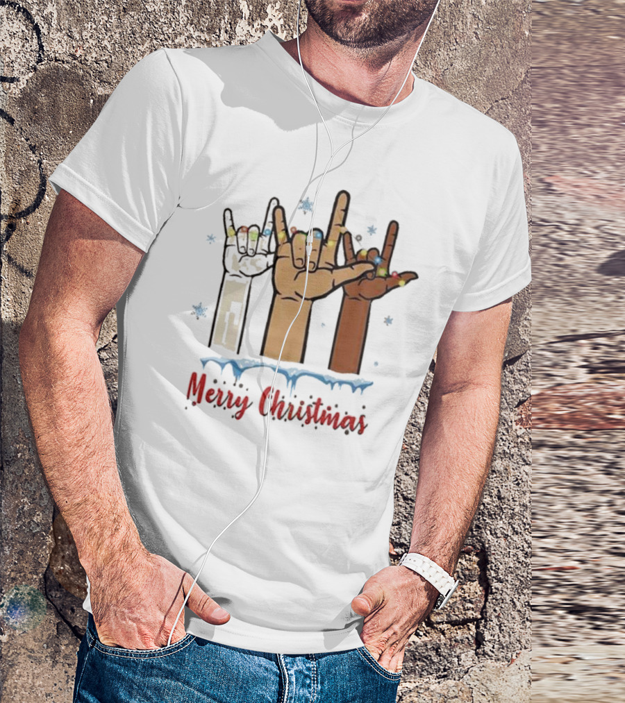 Merry Christmas Hand Sign Language Celebration With Lights And Snowflakes T-Shirt