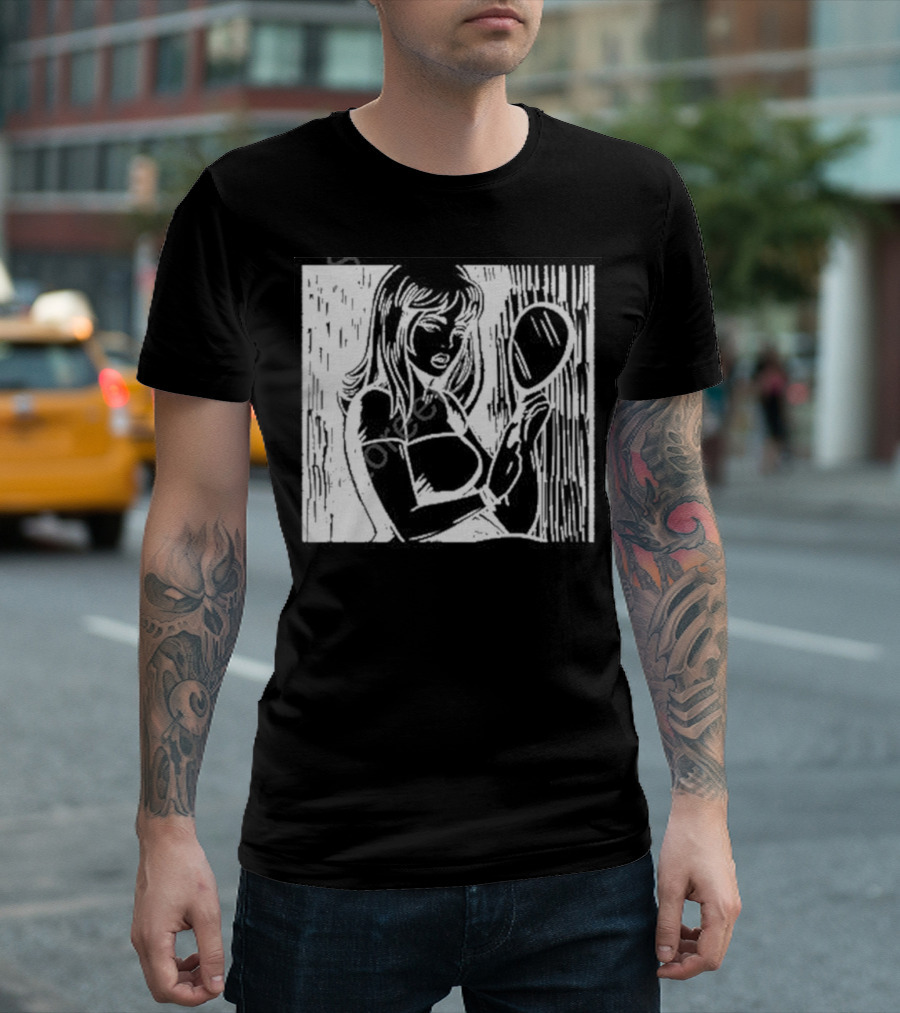 Billie Eilish Store Mirror Art Black And White Line Drawing Woman With Handheld Mirror T-Shirt