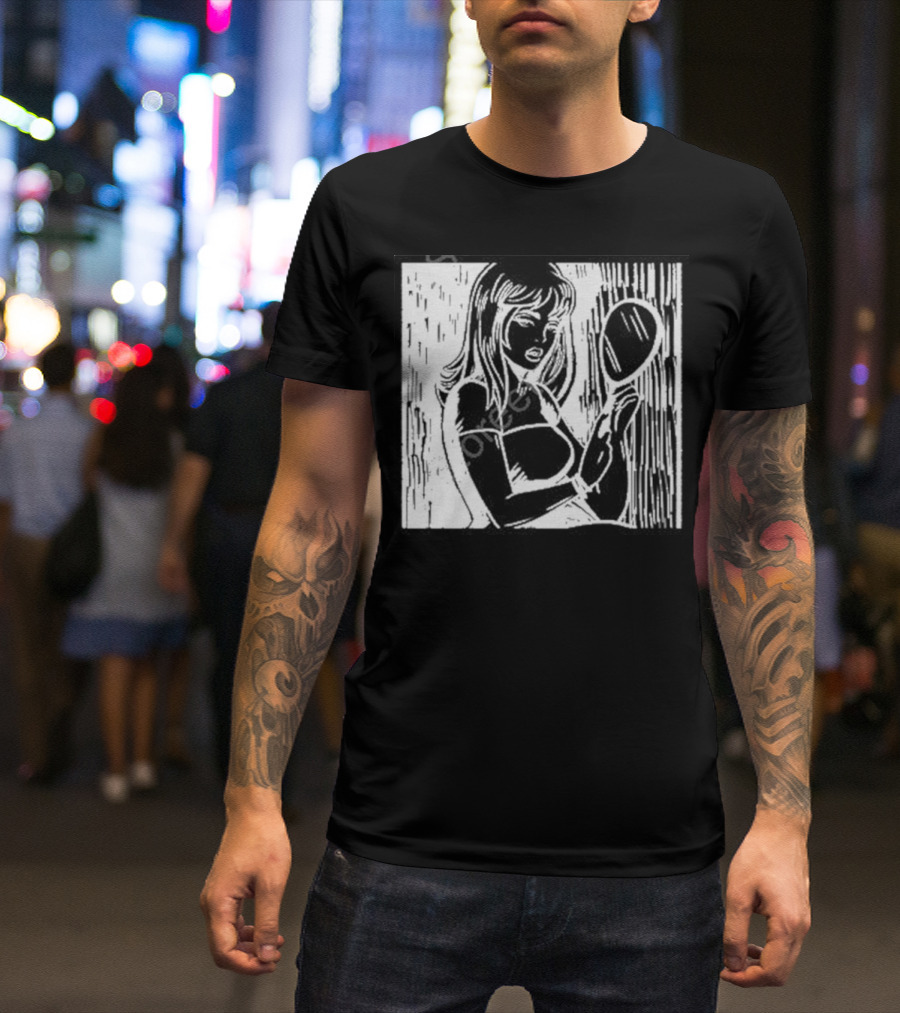 Billie Eilish Store Mirror Art Black And White Line Drawing Woman With Handheld Mirror T-Shirt
