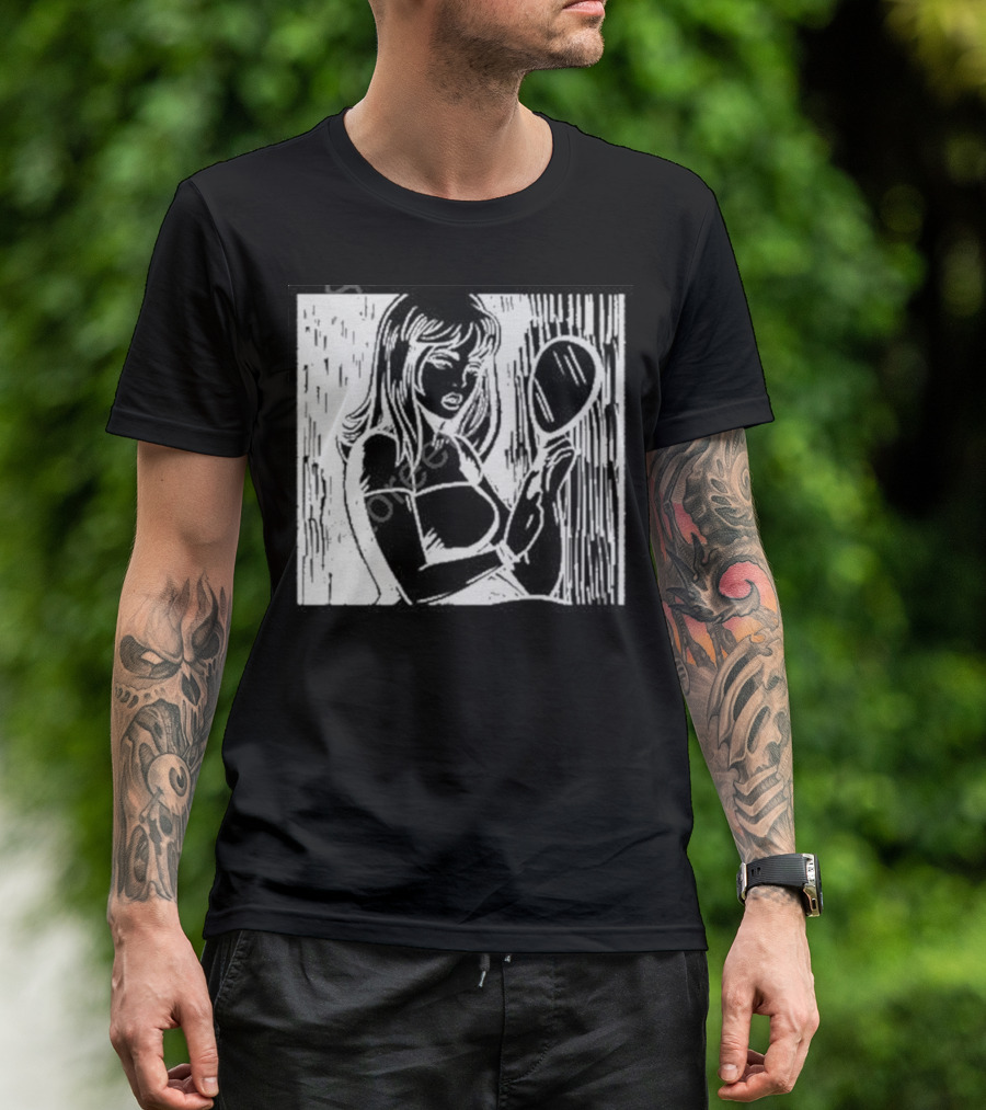 Billie Eilish Store Mirror Art Black And White Line Drawing Woman With Handheld Mirror T-Shirt