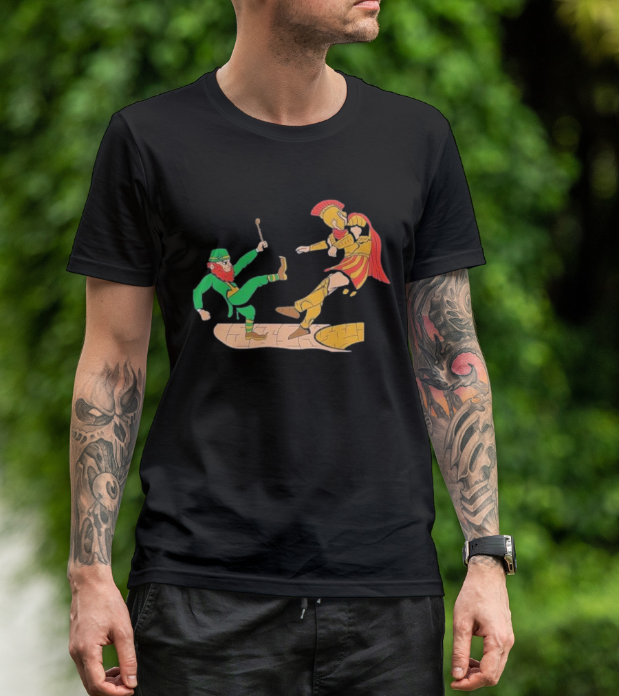 Notre Dame Leprechaun Vs. Trojan Warrior Kick Battle T-Shirt
