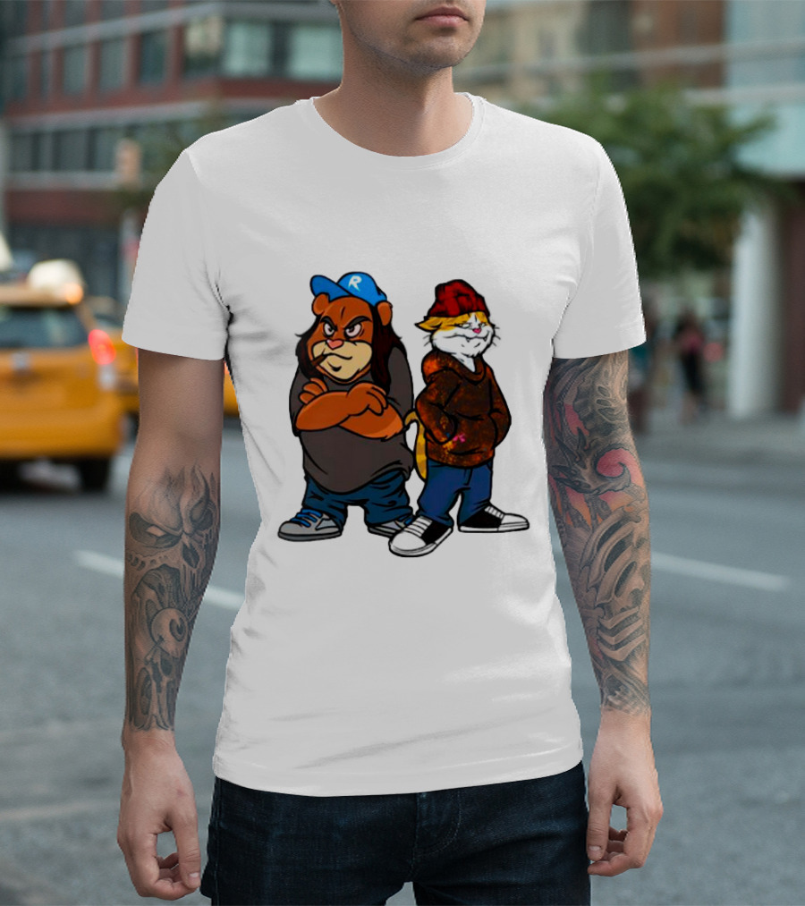 Phobik x Ratchet Cartoon Bear in Blue Cap and Cat in Red Beanie T-Shirt