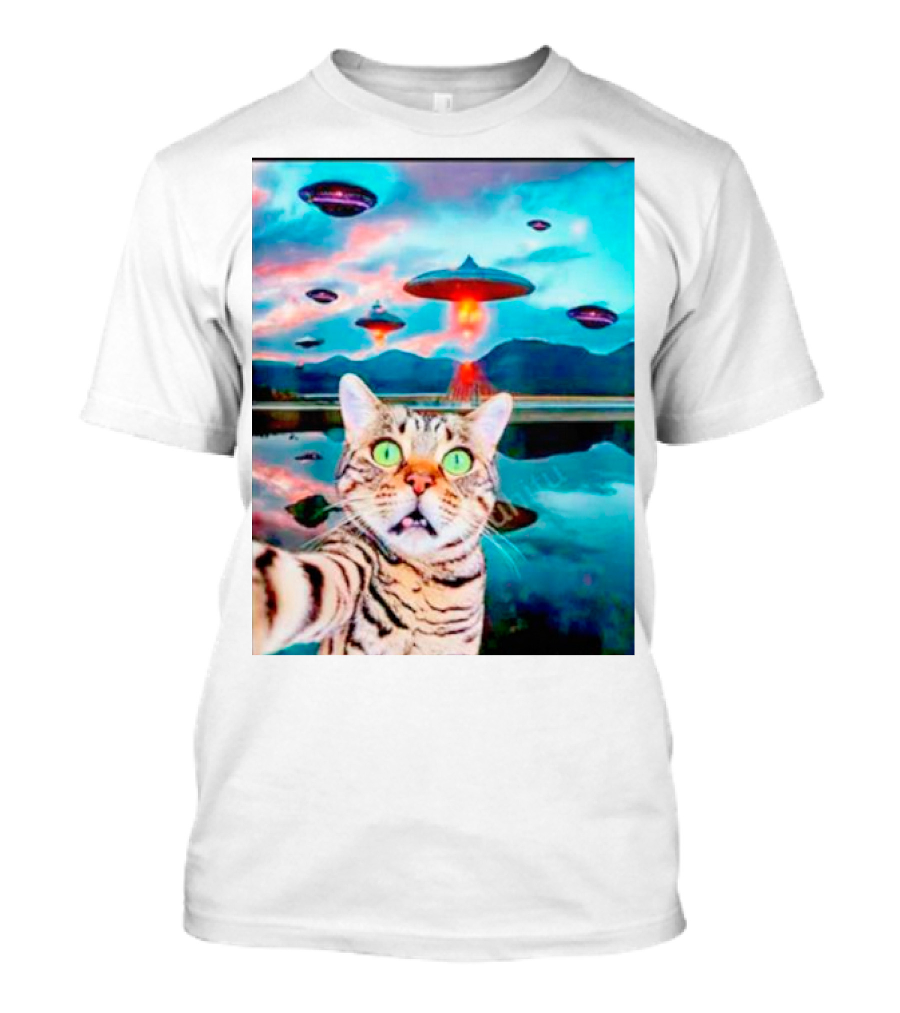 Cat Takes Selfie With UFOs In Scenic Landscape T-Shirt