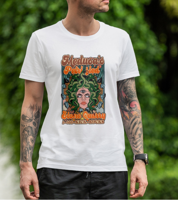 Medusa's Petrified Stone Quarry 1-866-Kick-Rocks Serpentine Gorgon Face With Third Eye And Stone Background T-Shirt