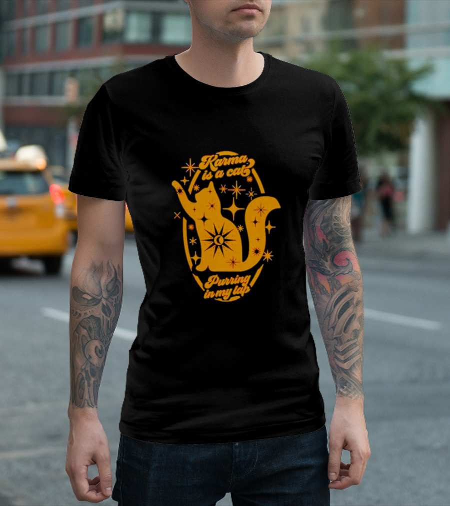 Karma Is A Cat Purring In My Lap With Celestial Stars And Moon T-Shirt
