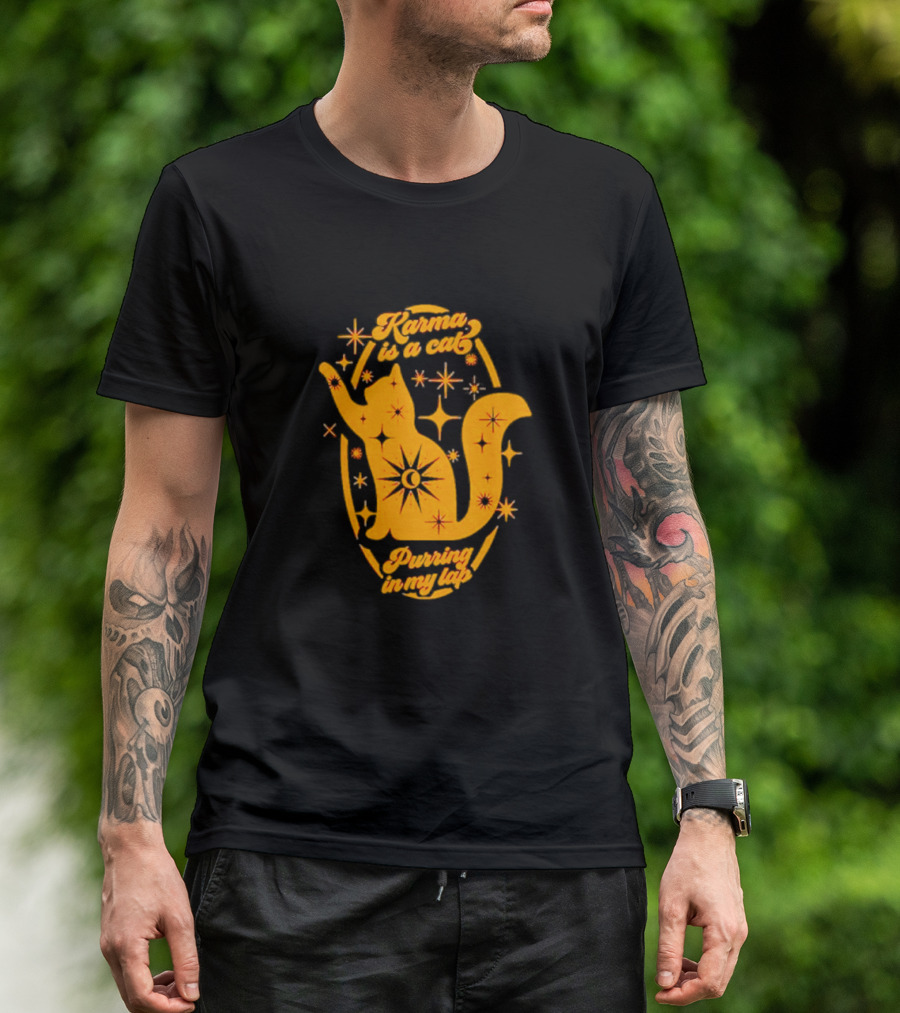 Karma Is A Cat Purring In My Lap With Celestial Stars And Moon T-Shirt
