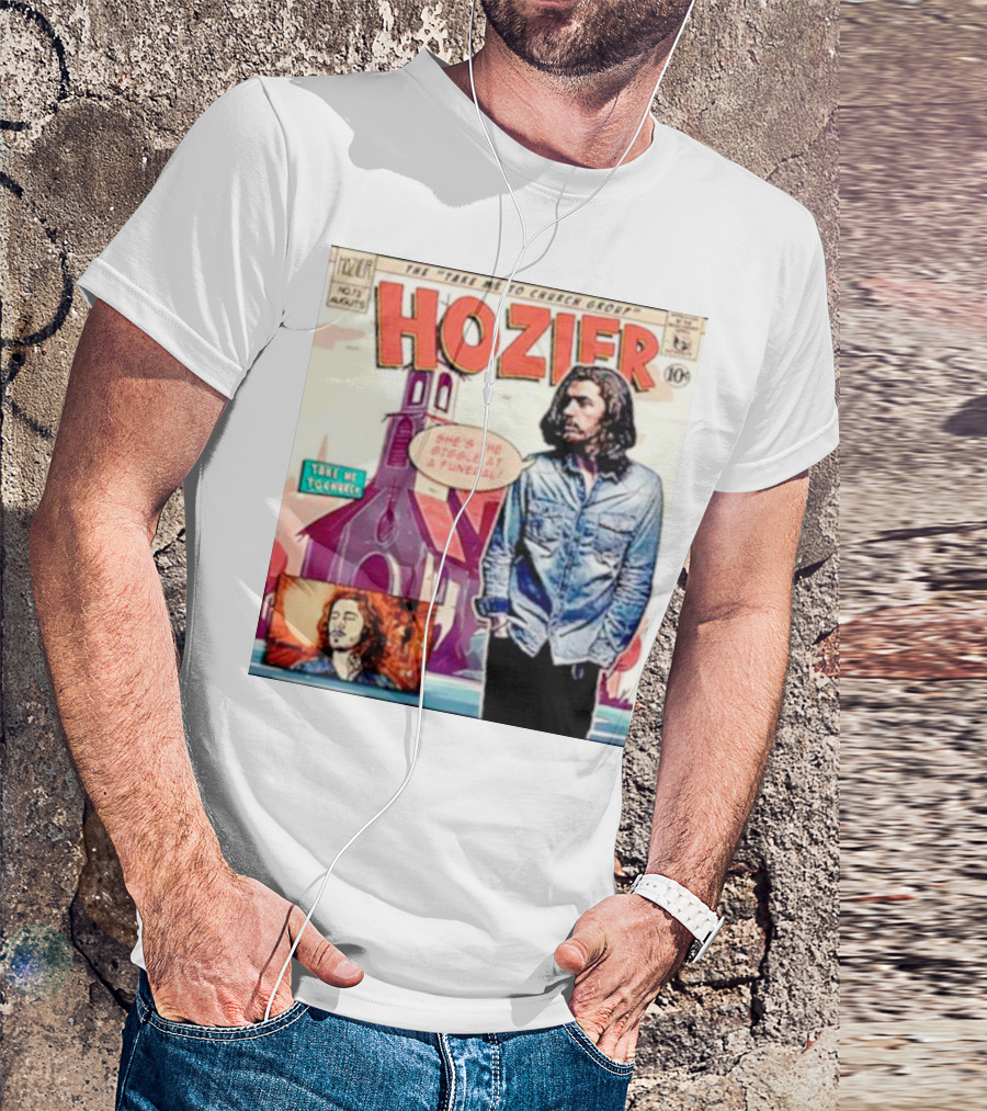 Hozier The Take Me To Church Group Comic Style With Giggle At A Funeral Text T-Shirt