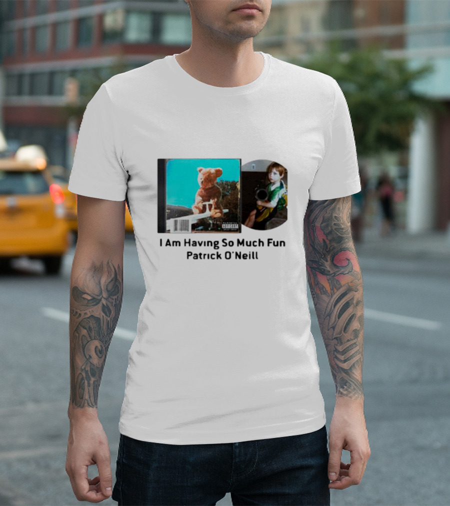 I Am Having So Much Fun Patrick O’Neill Teddy Bear Blue Background CD Boy With Toy T-Shirt