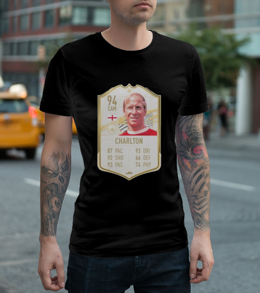 Sir Bobby Charlton 94 CAM FIFA Card England RIP 1937-2023 T-Shirt
