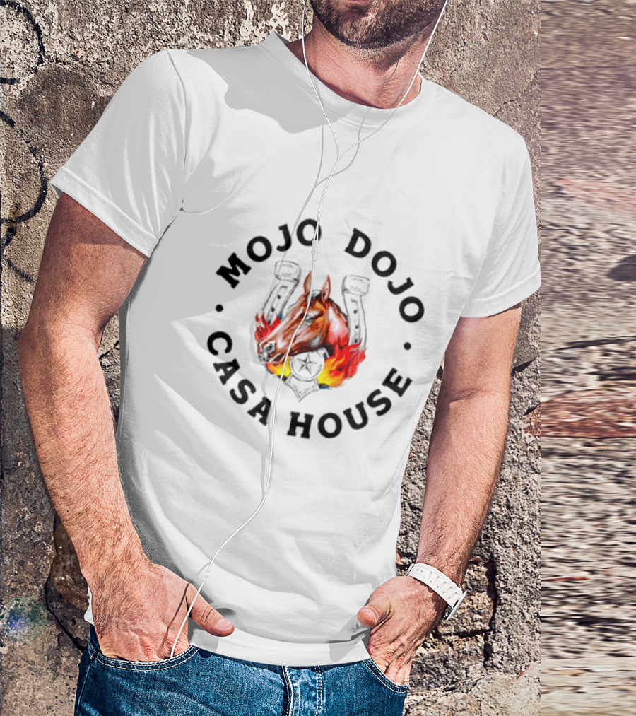 Mojo Dojo Casa House Horse With Flaming Background And Horseshoe Emblem T-Shirt