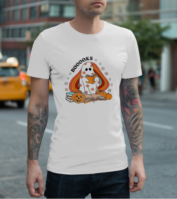 BOOOOKS Ghost Reading With Pumpkins And Flowers T-Shirt