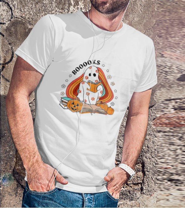 BOOOOKS Ghost Reading With Pumpkins And Flowers T-Shirt