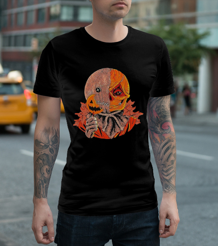 Horrors Of Halloween Trick R Treat Pumpkin Skull Mask T-Shirt