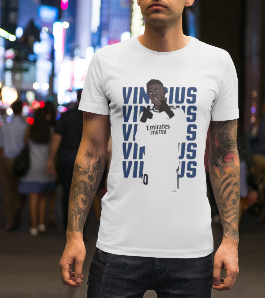 Vinicius Junior Portrait With Textured Blue Repeated Name T-Shirt