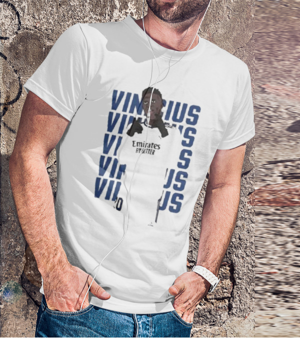 Vinicius Junior Portrait With Textured Blue Repeated Name T-Shirt
