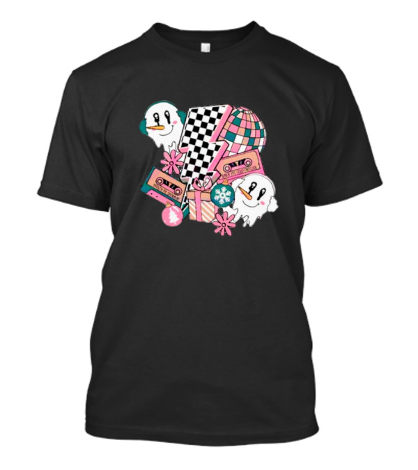 Christmas Lightning Bolt Snowman Retro Ghost Disco Cassette T-Shirt