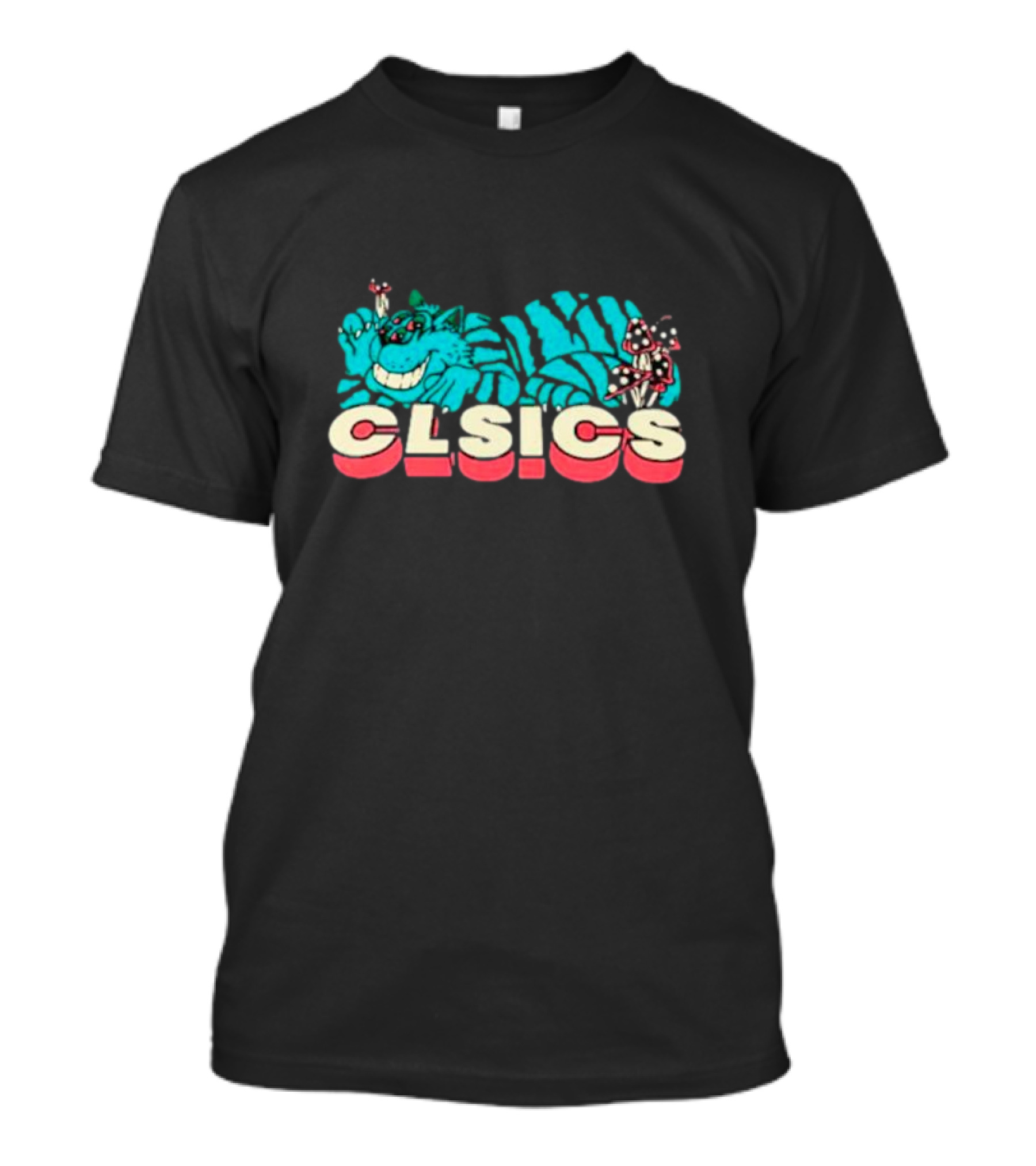 CLSICS Smiling Blue Striped Cat Fun Mushrooms T-Shirt