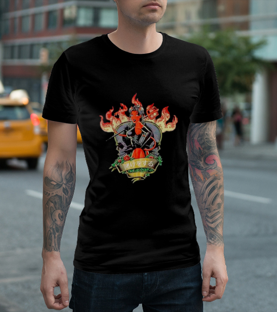 Devil Babe Racing in Flames with Japanese Text and Skull Elements T-Shirt