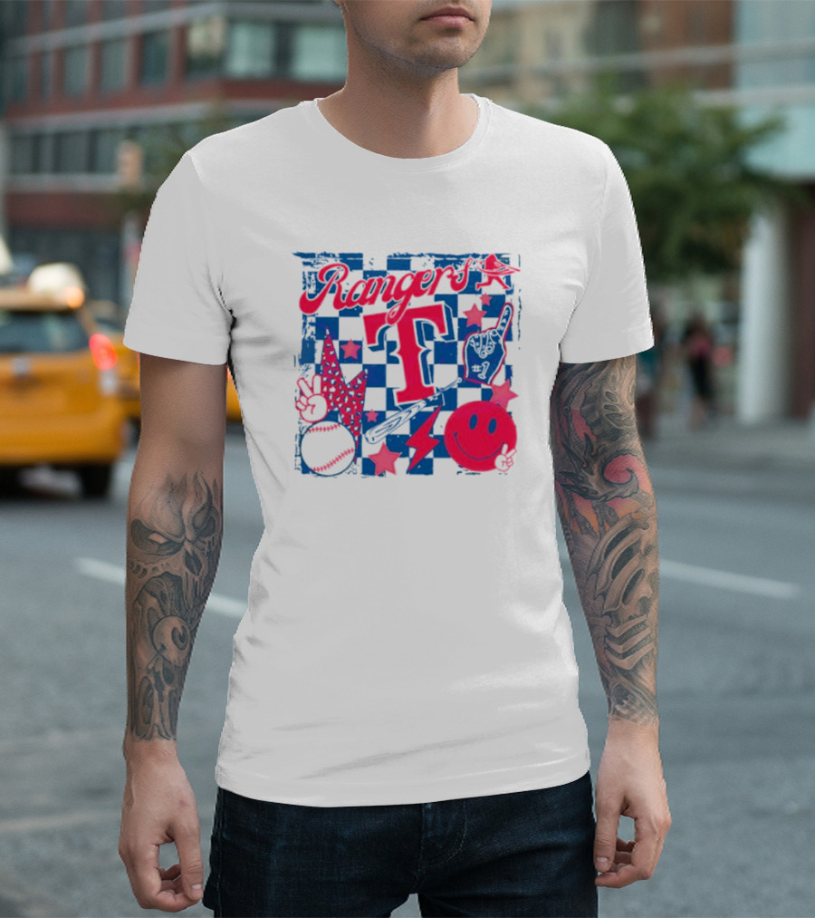 Rangers T Large Checkerboard Stars Baseball Smiley Lightning Peace T-Shirt