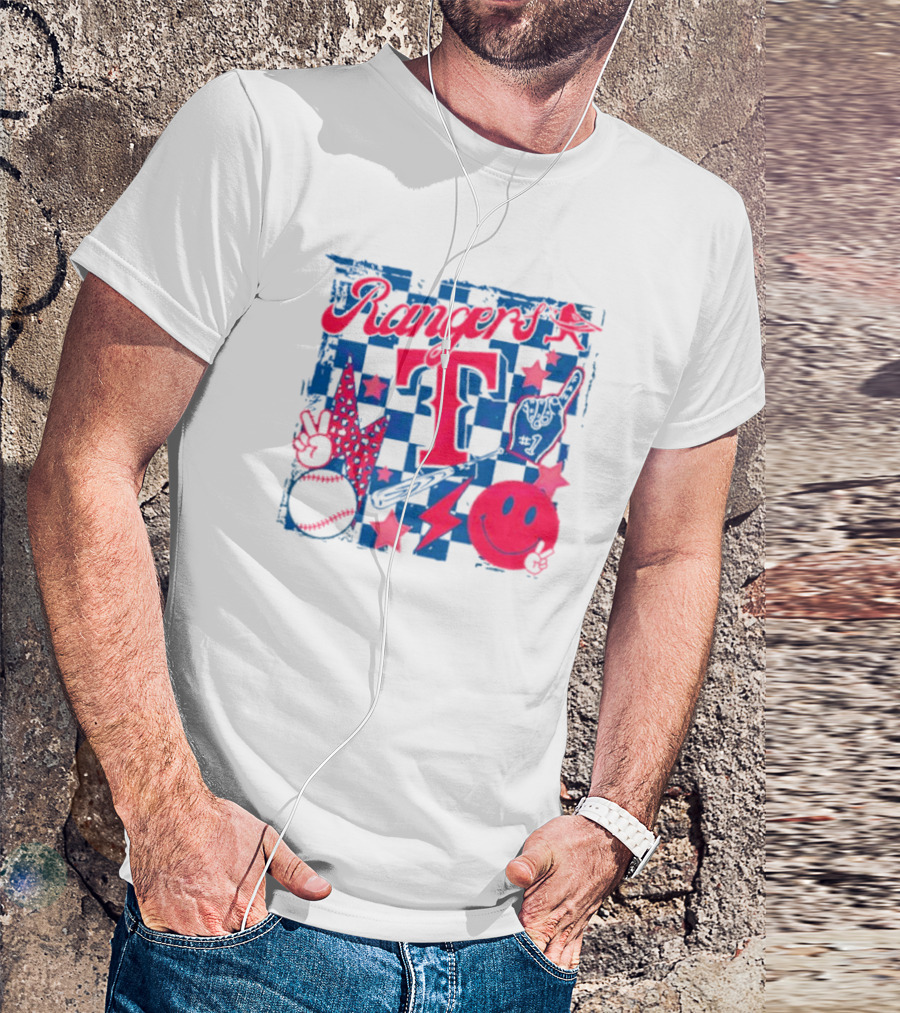 Rangers T Large Checkerboard Stars Baseball Smiley Lightning Peace T-Shirt
