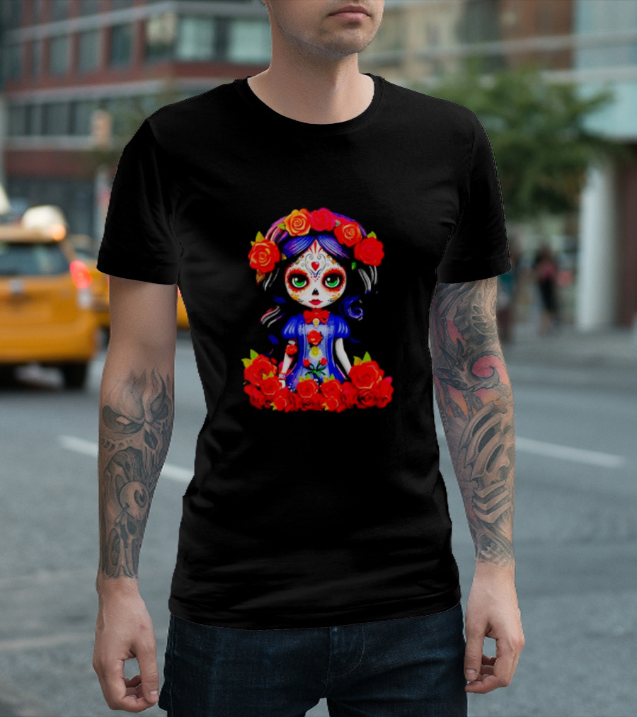 Women LA Catrina Day of the Dead Floral Rose Adorned T-Shirt