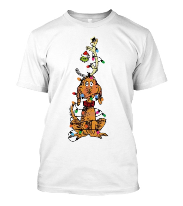 Funny Grinch Christmas Lights With Dog Wrapped In Colorful String Of Lights T-Shirt