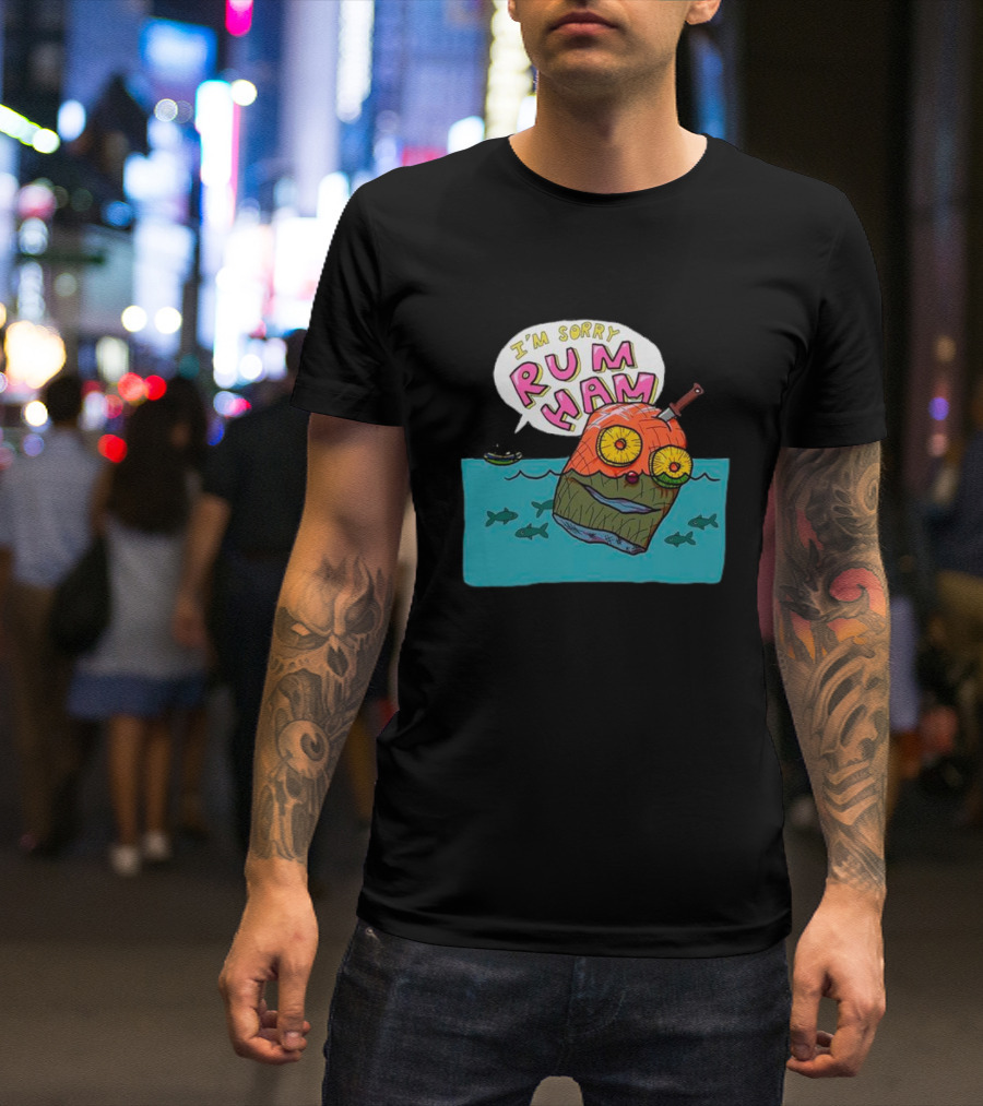 I’m Sorry Rum Ham Cartoon Floating In Water With Knife And Fish T-Shirt