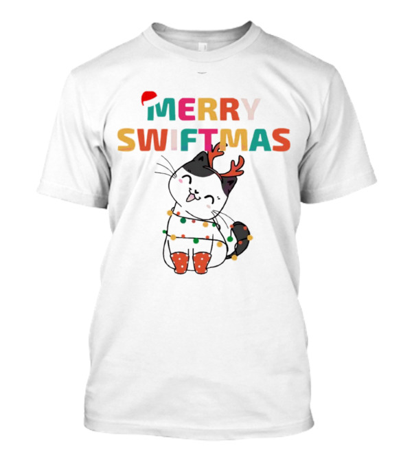 Merry Swiftmas Christmas Cat With Reindeer Antlers And Festive Lights T-Shirt