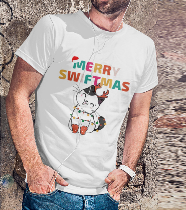 Merry Swiftmas Christmas Cat With Reindeer Antlers And Festive Lights T-Shirt