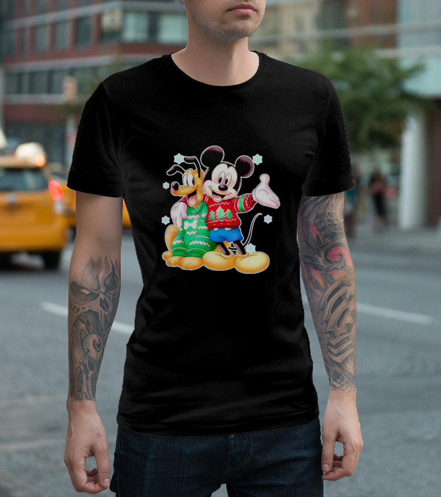 Mickey and Pluto Christmas Sweater Holiday Scene T-Shirt