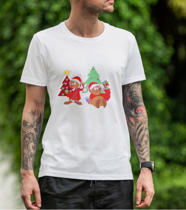 Santa Jaq And Gus With Christmas Lights And Presents By Christmas Tree T-Shirt